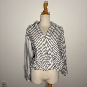 Loft Womens Long Sleeve Blouse Small White Dark Navy Blue Striped Work Office